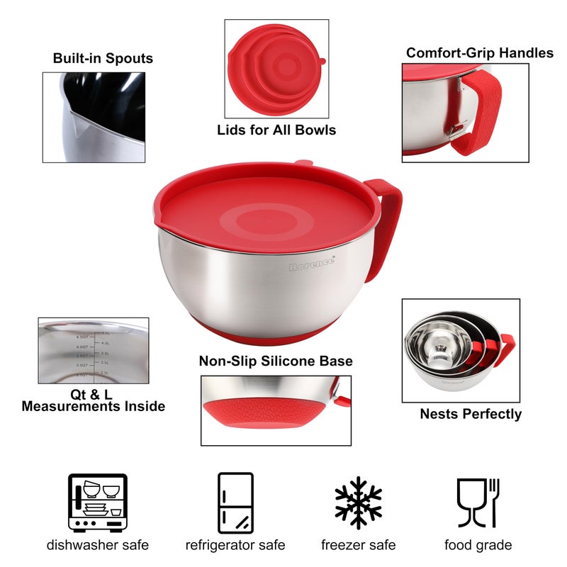 Rorence Mixing Bowls with Lids Set: Stainless Steel Mixing Bowls with Handles, Non-Slip Bottom & Pour Spout - Red, 3 quarts - Image 2